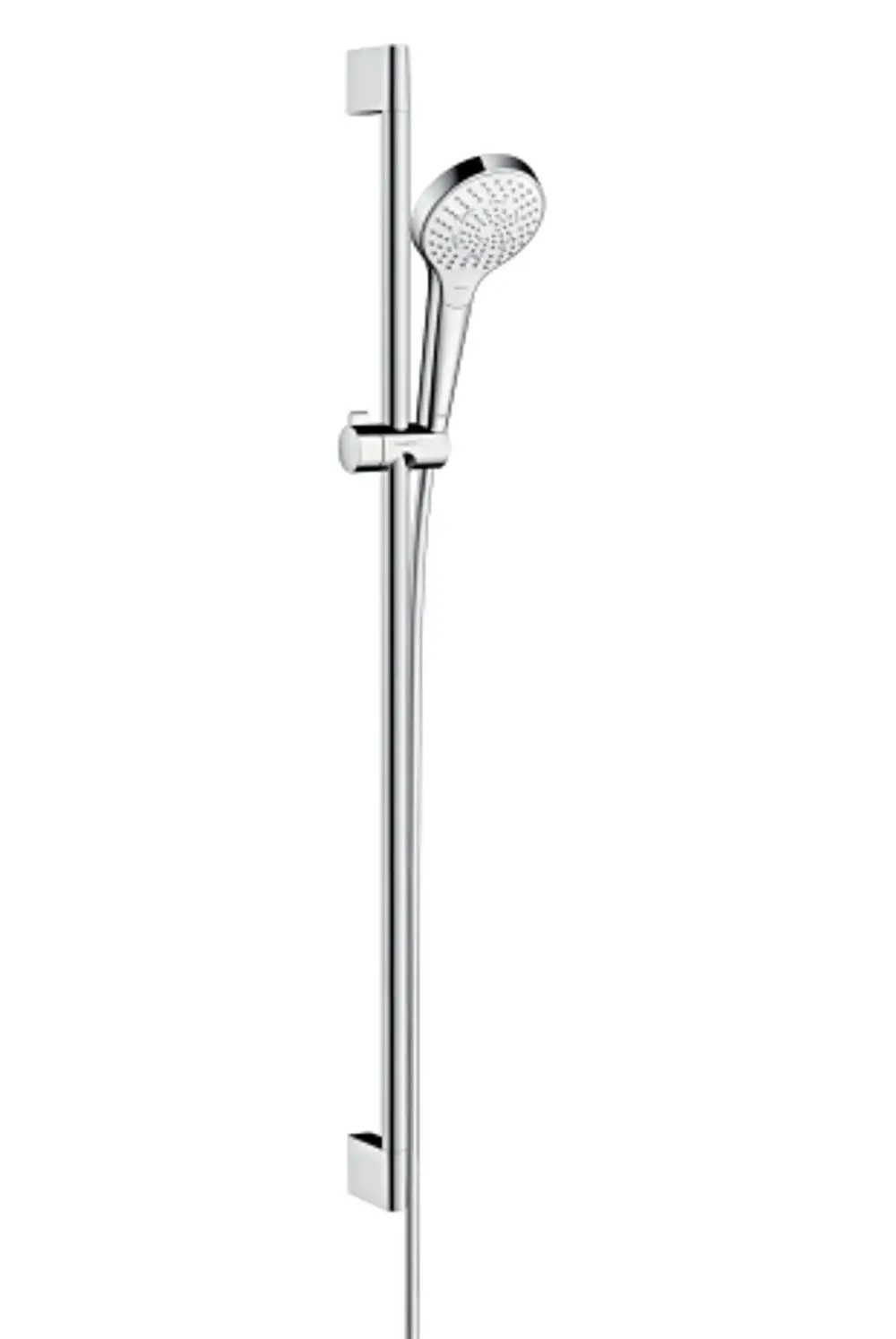 Vertikales Brauseset von Hansgrohe mit Chrom-Oberfläche und Handbrause, montiert an einer Schiene, die eine flexible Höhenverstellung ermöglicht.